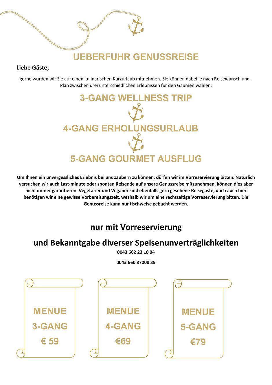 Flyer für Genussreise mit 3-, 4- oder 5-Gang-Menüs, Preisen und Reservierungshinweisen